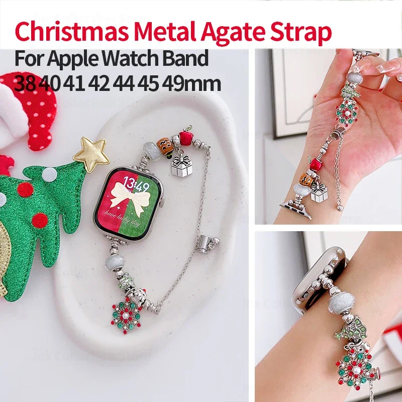 

Christmas Agate Bracelet for Apple Watch Band 44mm 45 40 49mm 38mm 42mm Luxury Metal Strap for iWatch Series 9 8 7SE 6 5 4 Ultra