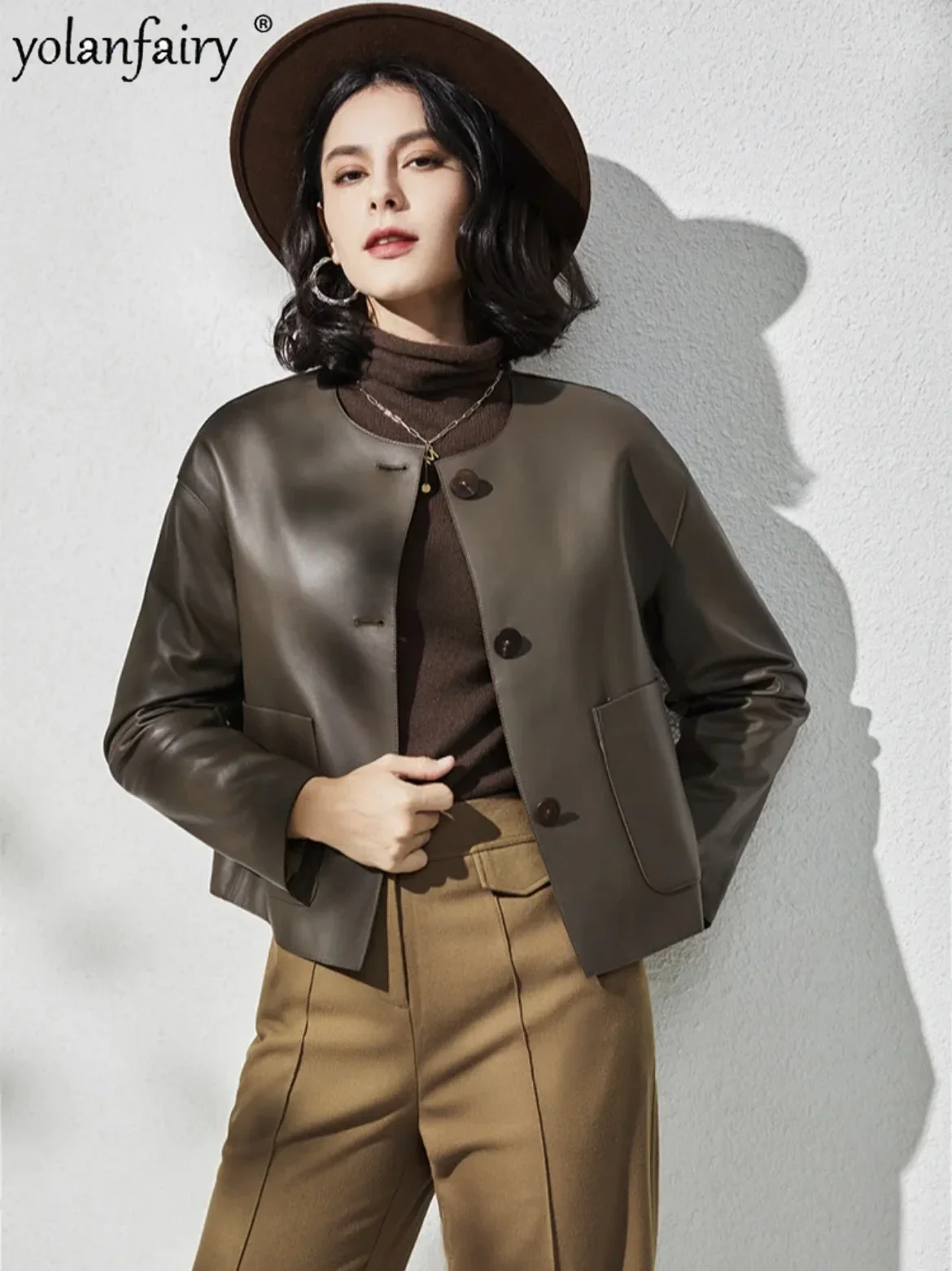 Veste en cuir véritable pour femme, manteau en peau de mouton, col rond, court, polyvalent, femme, extérieur, printemps, nouveau, 2023, FCY5112