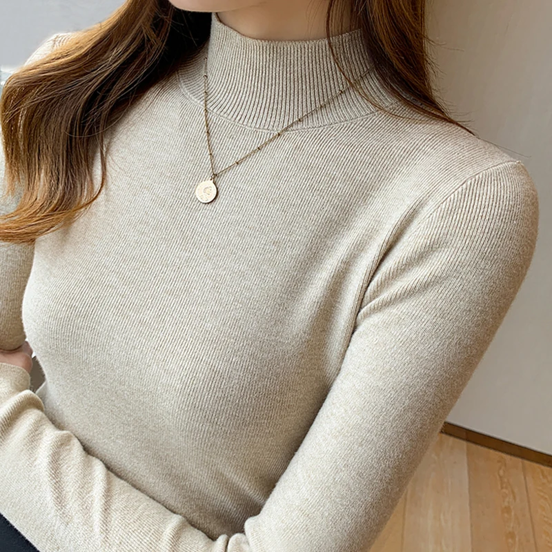 Zjaiss Women Fashion Stretch Tops Autumn Winter Turtleneck Sweater Women Knitted Pullovers Long Sleeve Slim Versatile Sweaters