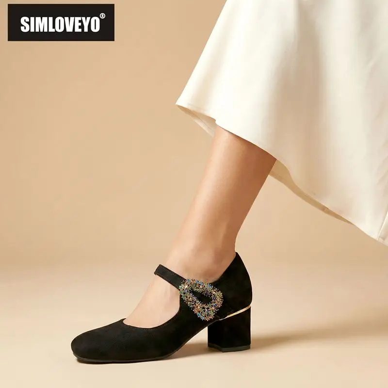

Туфли-лодочки SIMLOVEYO из замши с квадратным носком, на каблуке 5,5 см, с ремешком на пряжке, со стразами, большие размеры 47-48, повседневные