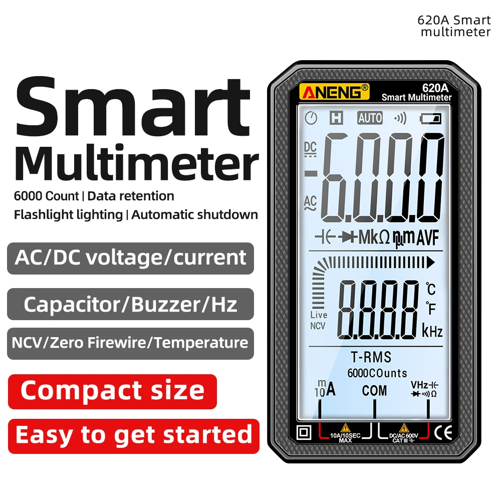 

LCD Digital Smart Multimeter 620A 6000 Counts Transistor Testers True RMS Auto Electrical Capacitance Meter Temp Resistance