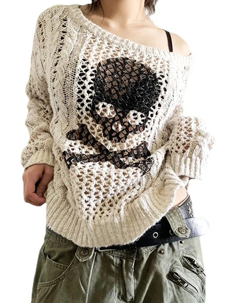 Yangelo Skull Sweater Y2K Aesthetic Gothic Hollow Out Long Sleeve Tops Punk Style Crochet Pullover Knitwear Women Streetwear