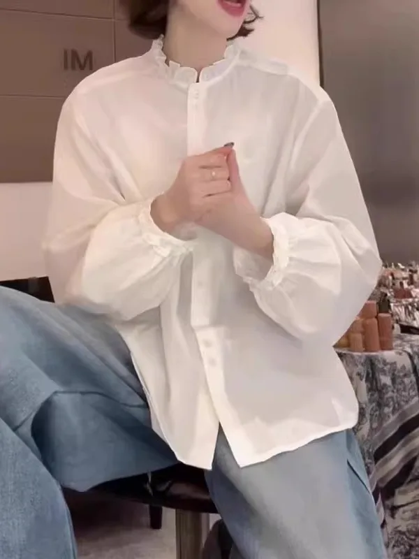 

White Lace Collar Long Sve Cotton irt Women plus Size Winter Faion Simple Sle Pure Cotton irt Ele Top