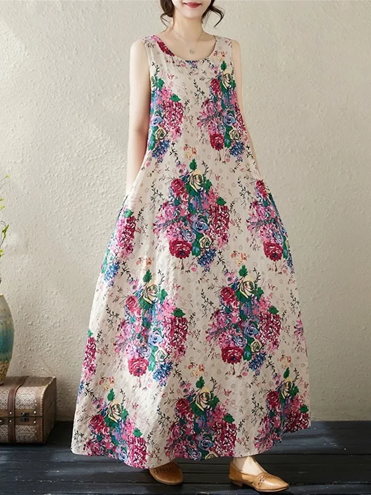 فساتين قطنية عتيقة بدون أكمام كبيرة الحجم جديدة في الفساتين للنساء فستان صيفي طويل فضفاض غير رسمي ملابس أنيقة 2025 #5