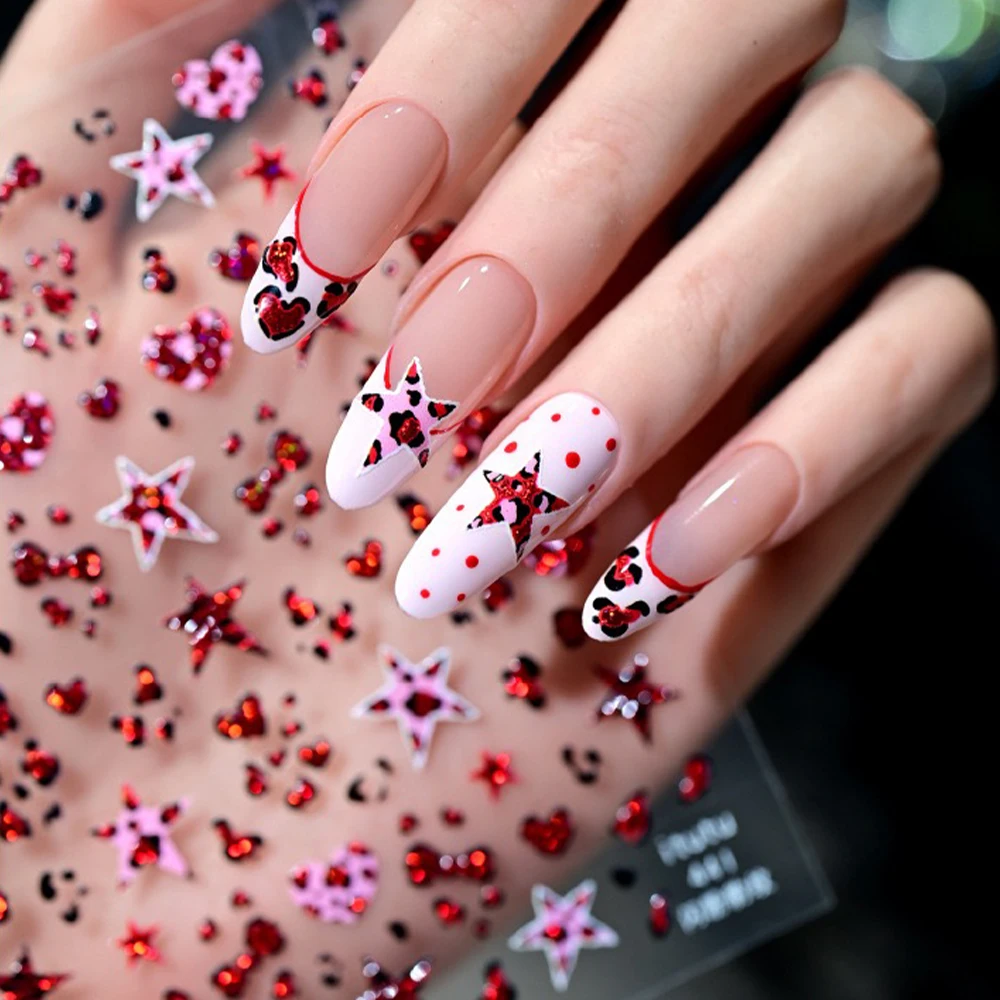 Pegatina navideña para uñas con lazo de estrella de leopardo rojo 3D, diseño de gelatina brillante, calcomanías artísticas para uñas con punta de leopardo Y2k, suministros de manicura picantes para niñas