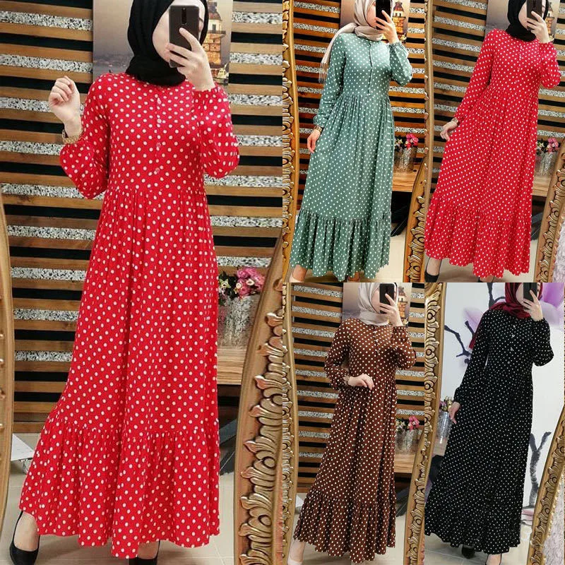 

New Maxi Dress Classic Polka Dot Ruffled High Waist Maxi Dresses for Muslim Women Dubai Turkey Abaya Kaftan Eid Ramadan Abayas