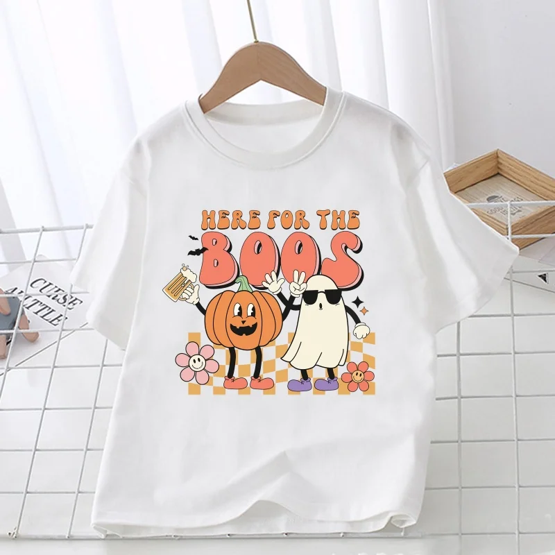 Retro Ghoul Ghost Halloween Pumpkin Print Kids T shirt Girls Summer Tops Casual Baby Boys Clothes Children Short Sleeve T-shirts
