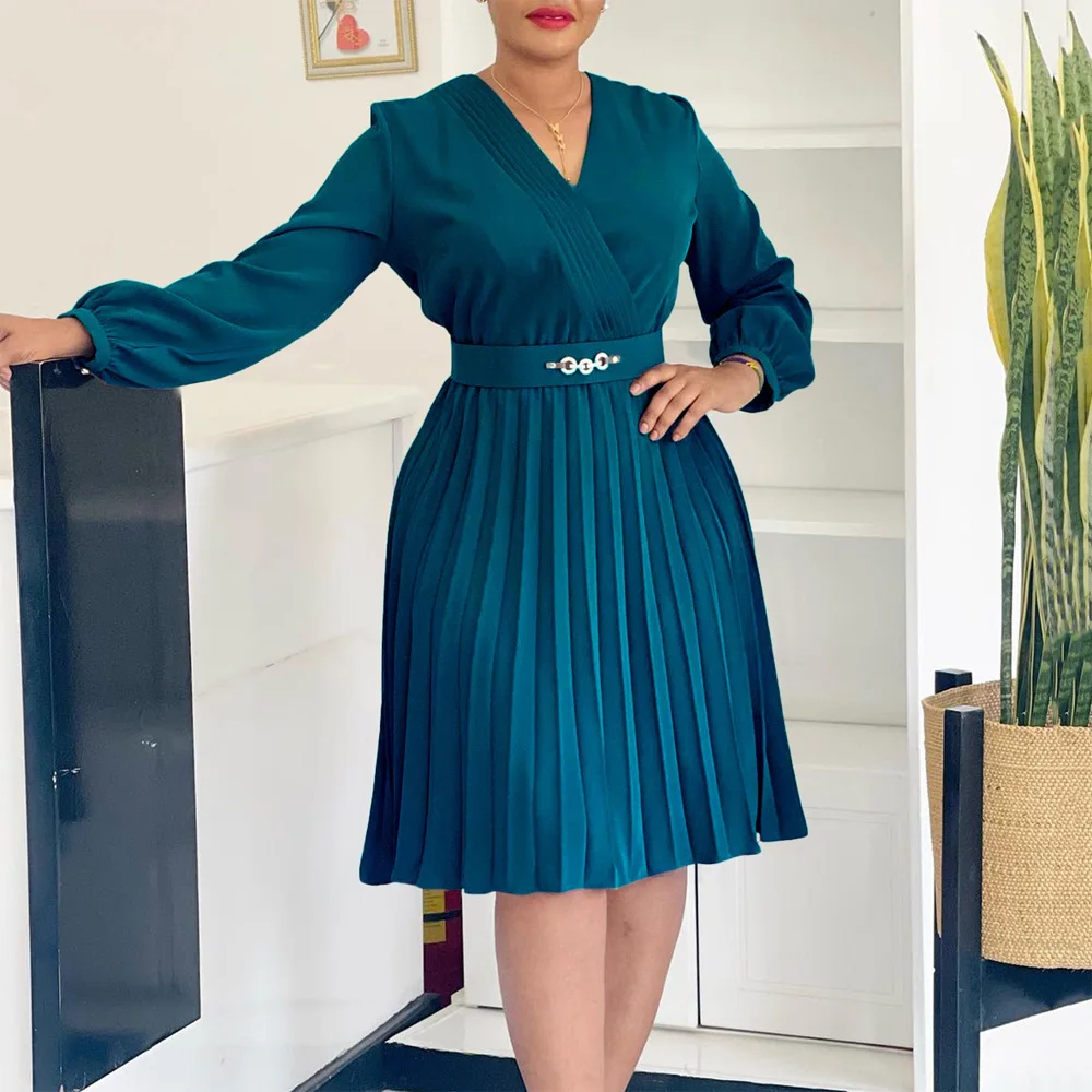 فساتين أنيقة للسيدات للمكتب 2026 جديدة بياقة على شكل V وأكمام طويلة وخصر عالي منتصف الساق ملابس عمل نسائية احترافية فستان ساخن #1