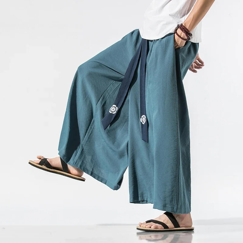 2026 Japanese Kimono Men Wide Leg Pants Joggers Retro Loose Trousers Man Yukata Style Linen Pants Big Crotch Nepal Robe Trousers