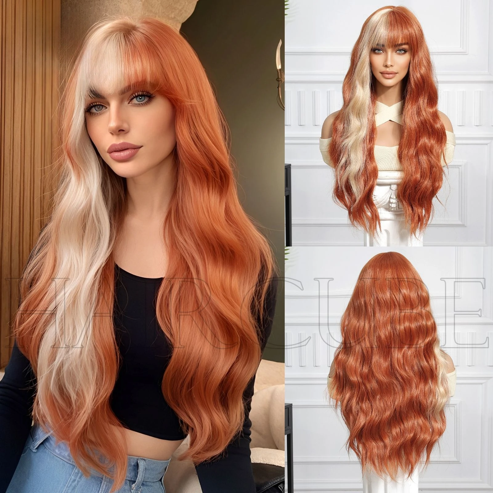 

Halloween cosplay wig orange highlights wavy long curly hair 28inch wig headgear holiday wholesale