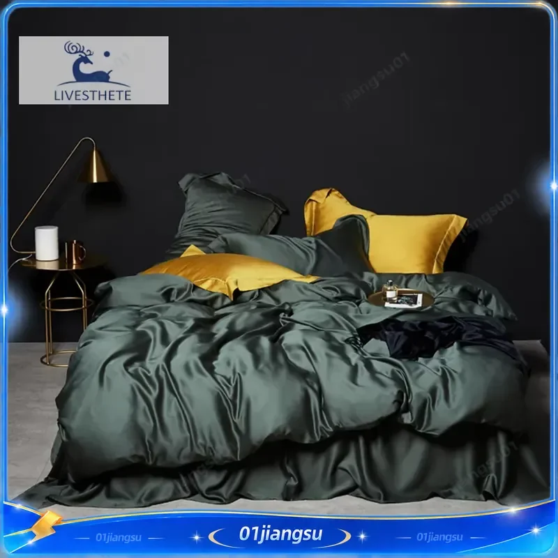 Liv-Esthete Dark Green 100% Pure Silk Bedding Set Luxury Queen King Duvet Cover Flat Sheet Pillowcase Healthy Bed Linen Sets