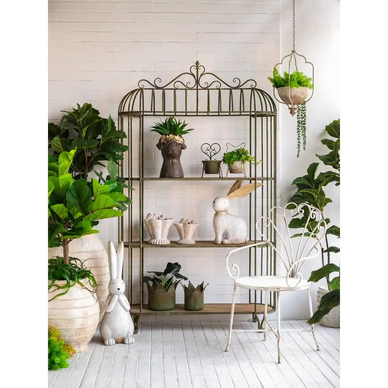 

Vintage Three-Tier Iron Shelf Unit, Weathered Green Finish, Wooden Shelves, 47"x16.5"x80