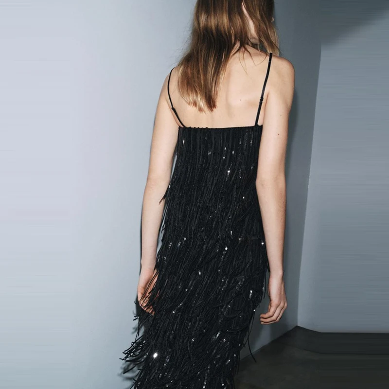 Mode glanzende pailletten jarreteljurk dames elegante kwastje mouwloze club feestjurk casual high street effen lange jurken