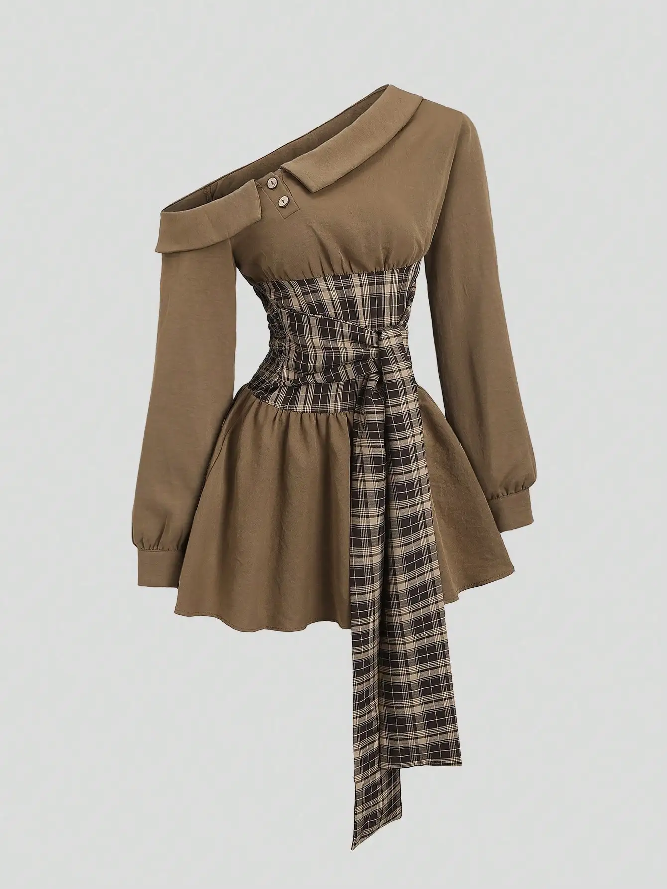

Brown Plaid Patchwork Asymmetrical Shoulder Dress with Lapel and Puff Sleeves, A-Line Spring Women's Mini Dress