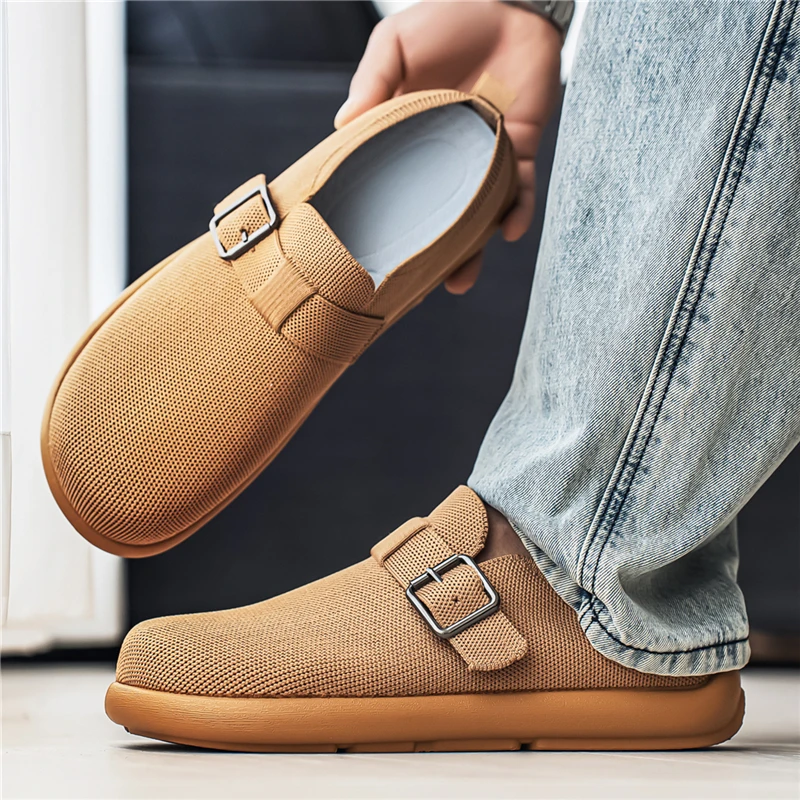 Fabric Mules for Men Closed Toe Slip On Flat Sneakers Wide Toe Open Back Casual Shoes Loafers Slippers Summer Non-Slip Drivers