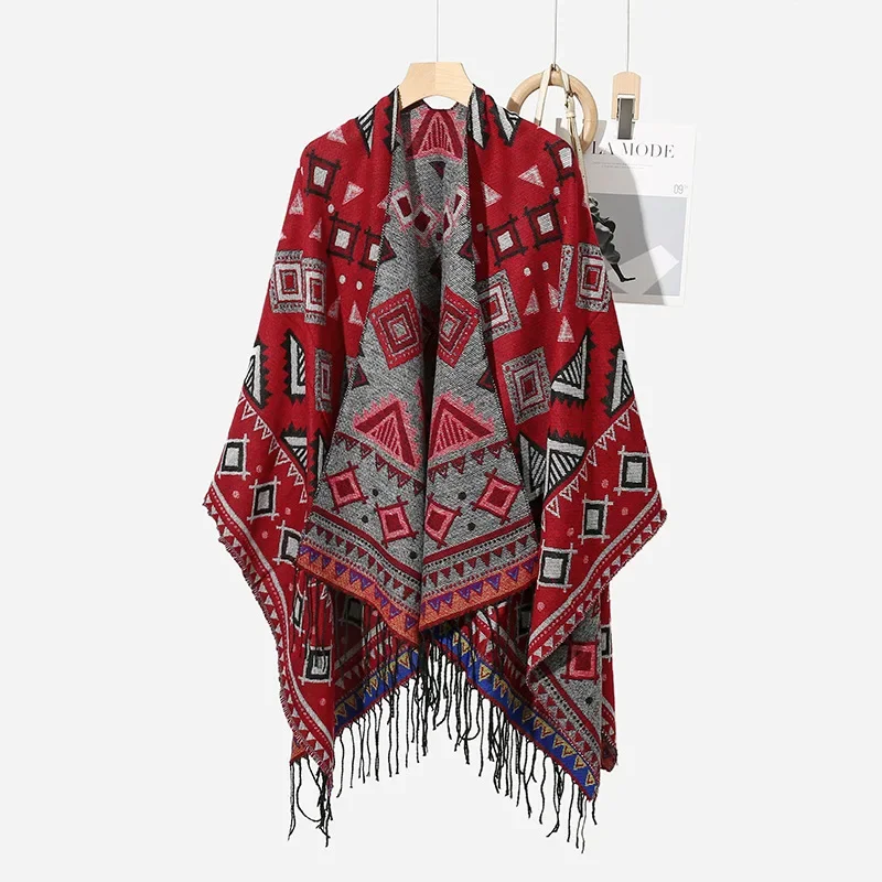 

135X150CM Cloak Men Ponchos Big Size Imitation Cashmere Hooded Warm Shawl Tourist Ethnic Scarf All-match Boy's Wraps Blue