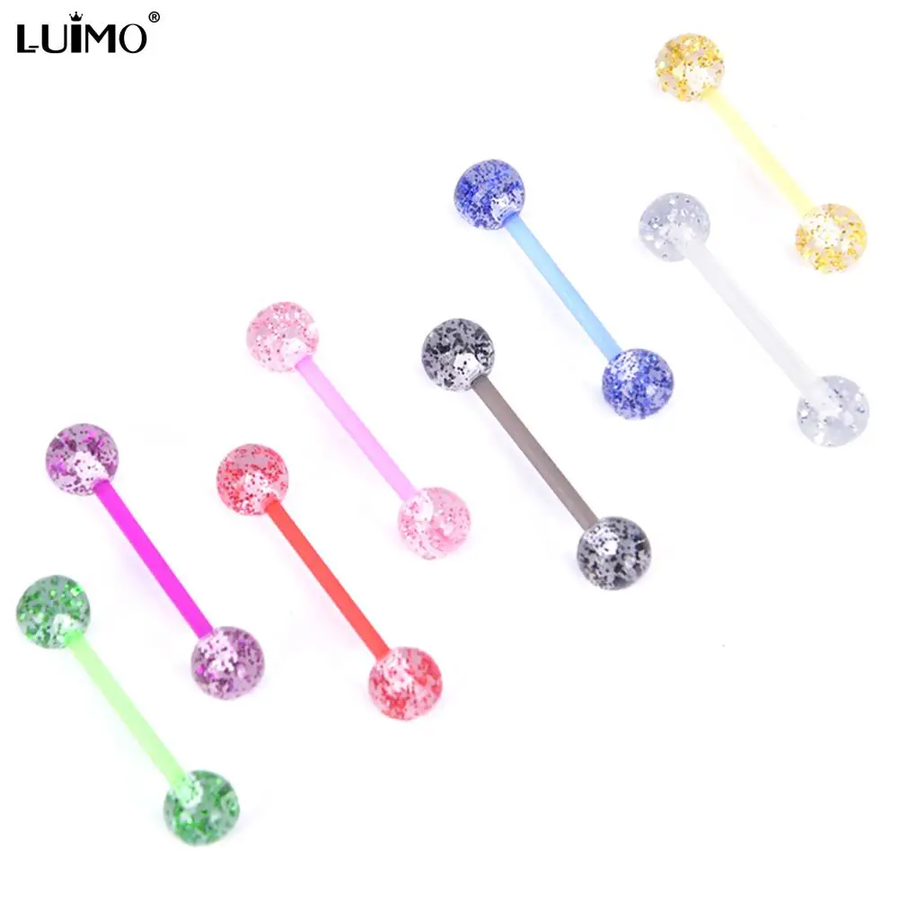 8PCS/Set Colorful Glitters Tongue Rings Acrylic Soft Rod Barbell Ball Tongue Stud Piercing Jewelry