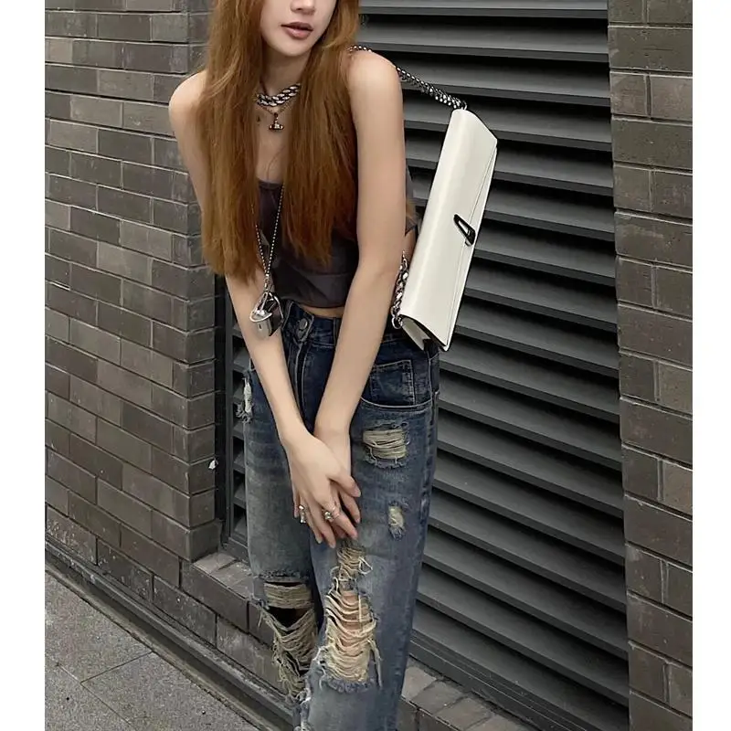 Spicy Girls' Broken Hole Jeans Women's Spring New Ins Fashion Retro High Waist Straight Slender Hip Hop Pants