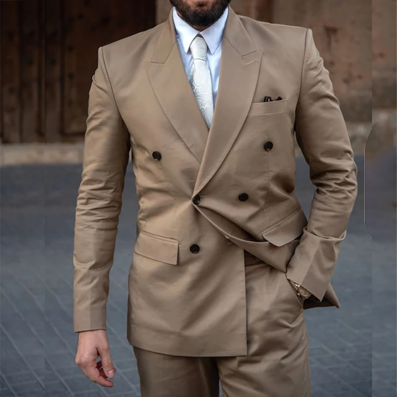 Khaki Dwurzędowe Garnitury Męskie Formalne Eleganckie Casualowe 2-częściowe Kurtki Spodnie Stroje Wysokiej Jakości Prom Party Kostiumy Homme Outfits