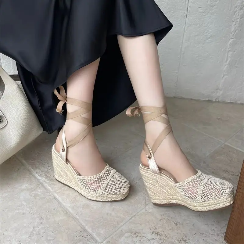 Ladies Summer Sandals Brown Wedges Heels For Woman Closed Shoes Cross Strappy Platform Sandals Chunky Heeled Beige Shoes - view 3