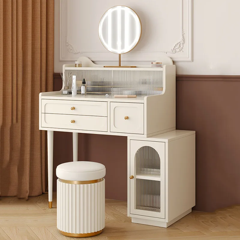 Waterprrof Led Dresser Drawers Glass Design Nordic Modern White Makeup Table Women Bedroom Wood Mesa De Maquillaje Furniture