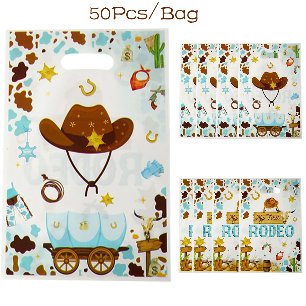 50Pcs Western Cowboy Theme OPP Gift Packing Bag Cowgirl Hat Horseshoe Candy Cake Pouch Bag for Birthday Bachelorette Party Decor