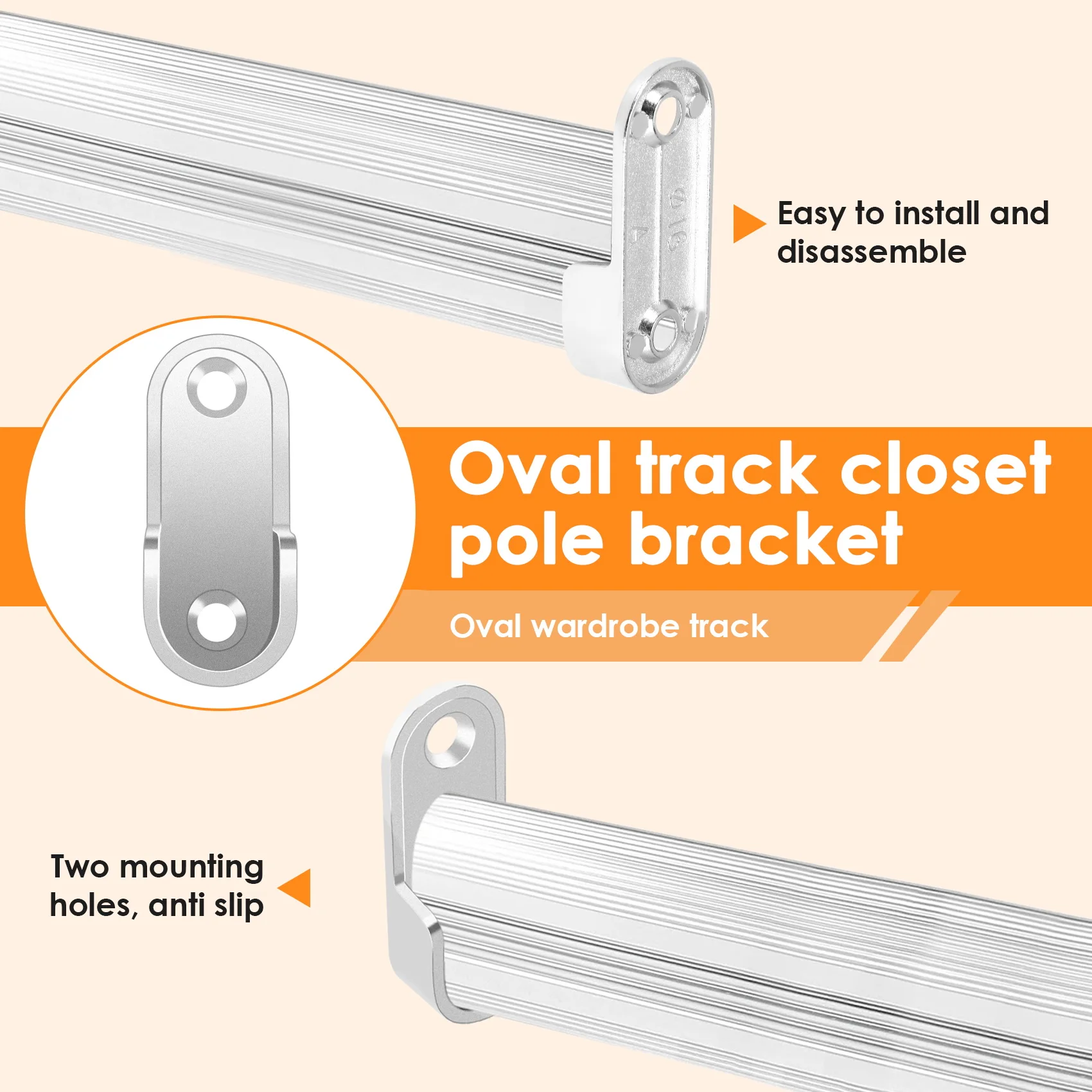 WFF Oval Wardrobe Hanging Rail Rod End Bracket Support Silver Tone Pair
