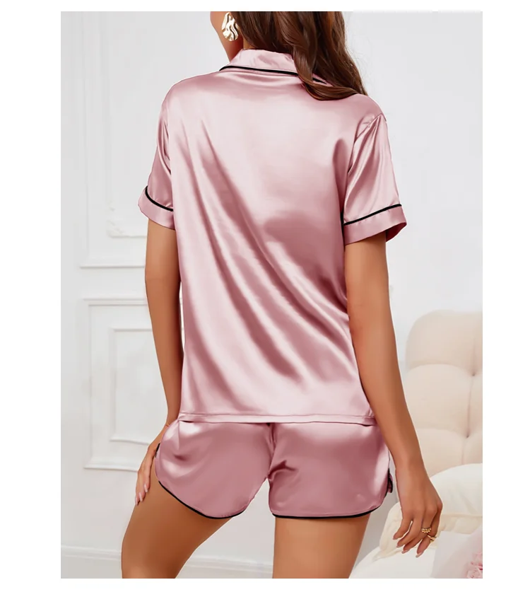 Luxus Satin Seide Damen Pyjama Set Kurzarm Nachtwäsche Freizeit Home Kleidung Nachtwäsche Bequeme Pyjamas für Frauen Pj Set – Detail 21