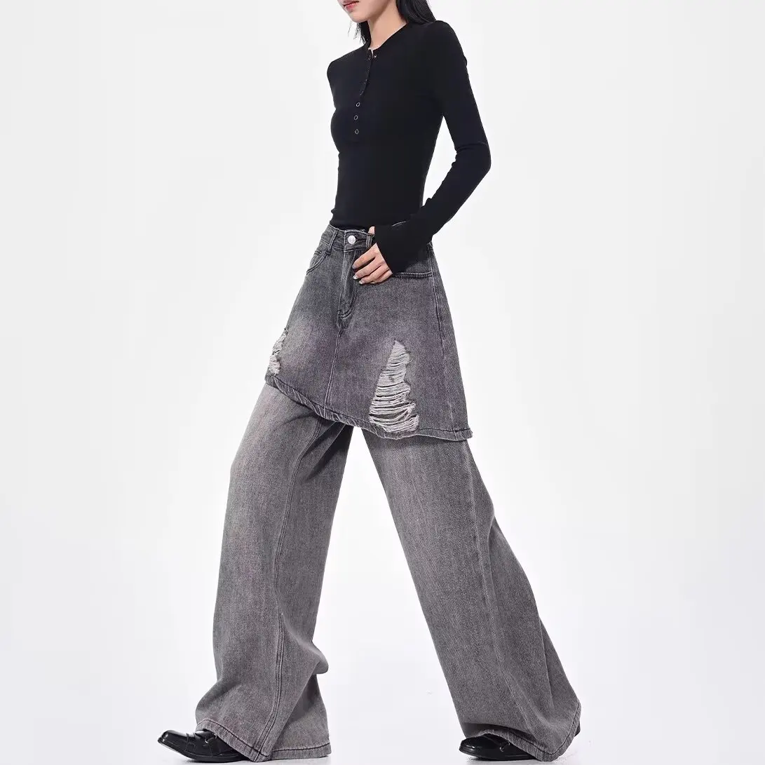 

Baggy Jeans Women's Gray Splicing Jeans Cargo Y2K Japanese Harajuku Streetwear Aesthetic 2000S Style Retro Denim Pants Clothing
