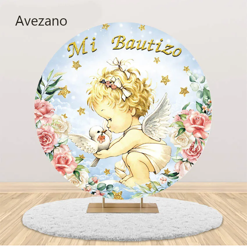 

Avezano Round Backdrop Cover Baby Baptism Party Flowers Golden Stars First Communion Photography Background Decor Custom Props