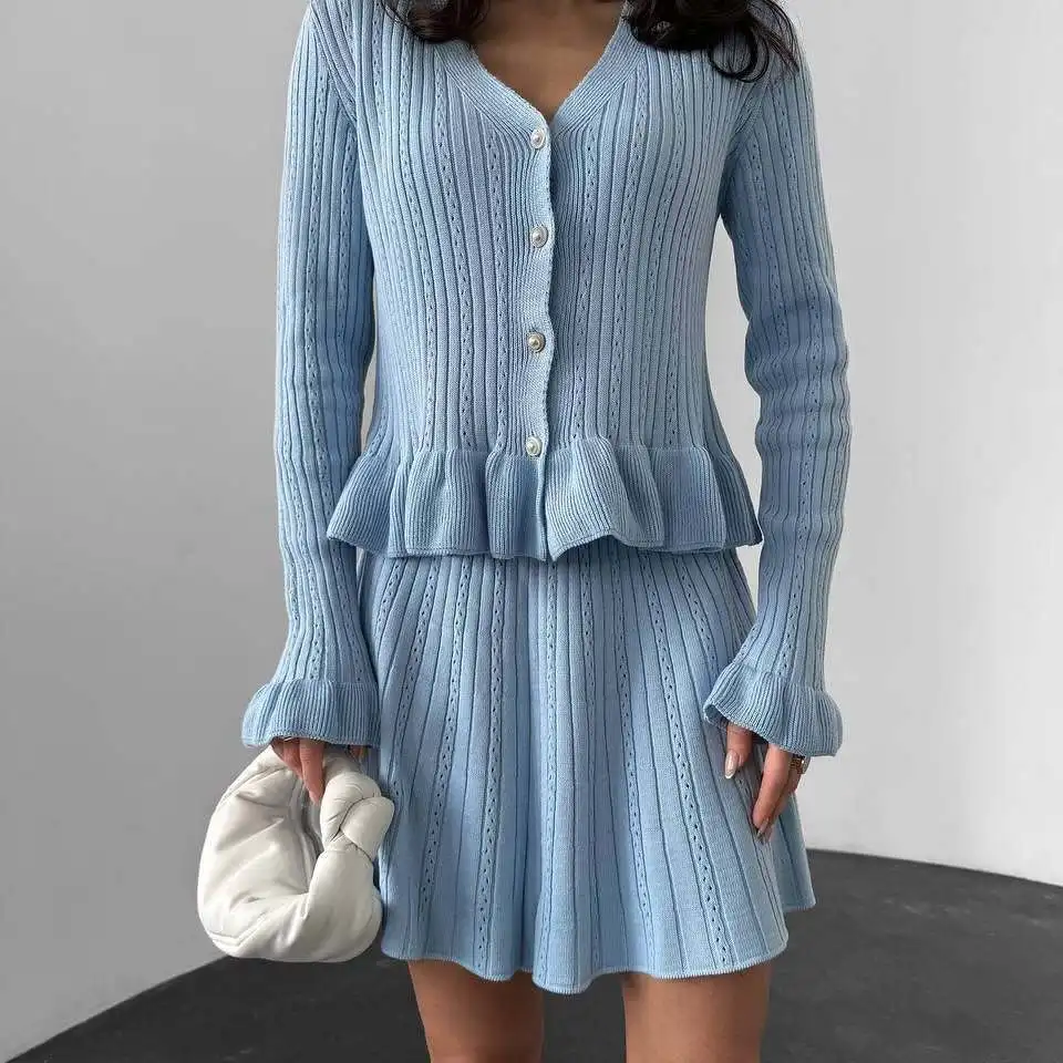 2025 New Fashion Button-Down Shirt + Skirt Two-piece Sets Women Autumn Fragrant Style Ruffled Top And Skirt Set For Women