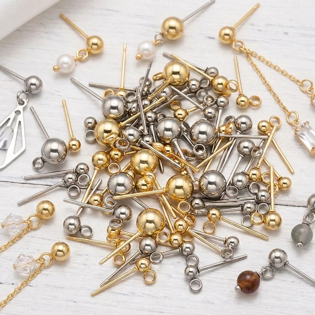 20 piezas de postes para pendientes de acero inoxidable con parte trasera plana, tipo bola con argolla, para la fabricación de joyas DIY de pendientes colgantes