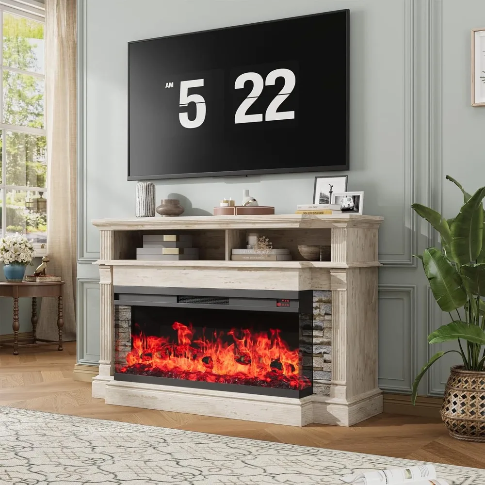 حامل تلفزيون مدفأة لأجهزة التلفاز حتى 65 بوصة، مركز ترفيه مدفأة مقاس 52 بوصة مع مدفأة كهربائية زجاجية بثلاثة جوانب مقاس 36 بوصة