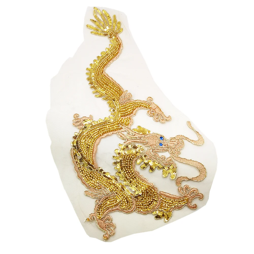 Beaded Gold Dragon Applique Sequin Embroidery Patch Chinese Applique  Patches For Clothing 3D Appliques Parches Sew On AC1615