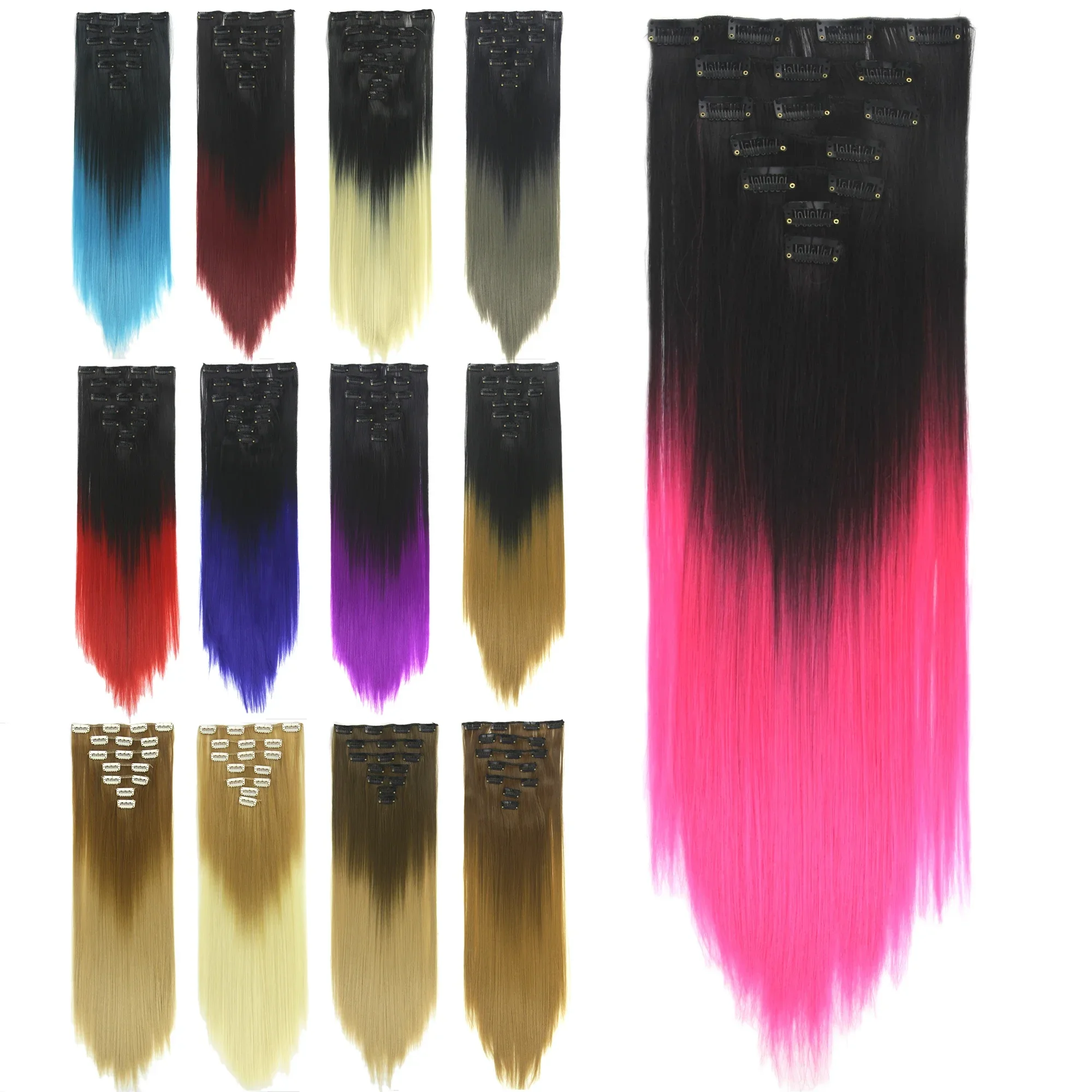 

Straight Black To Pink Ombre Hair Pieces Synthetic Clip in Hair Extensions Rainbow Extension Cheveux Clip Naturel