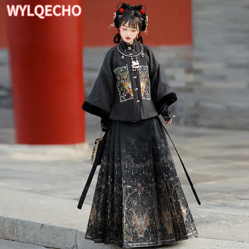 Trajes tradicionais chineses femininos, hanfu, saia bordada com rosto de cavalo, pelúcia e grossa, roupas de ano novo, estilo Ming