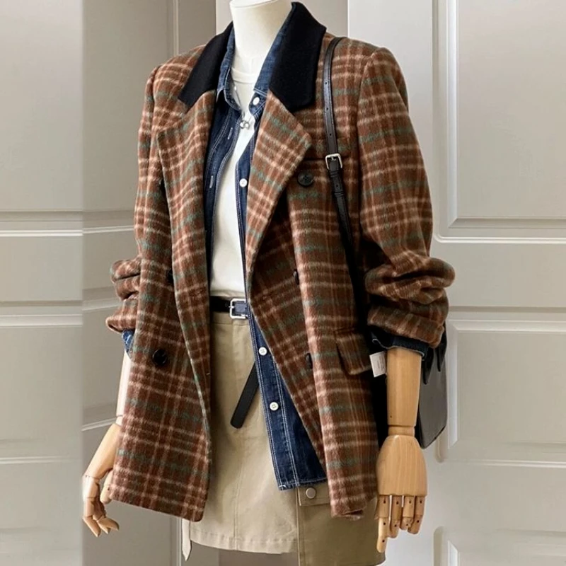 Vintage Coffee Plaid Faux Wool Blazer Loose Jackets Vintage Double-breasted Contrast Collar Outerwear British Style Elegant Lady