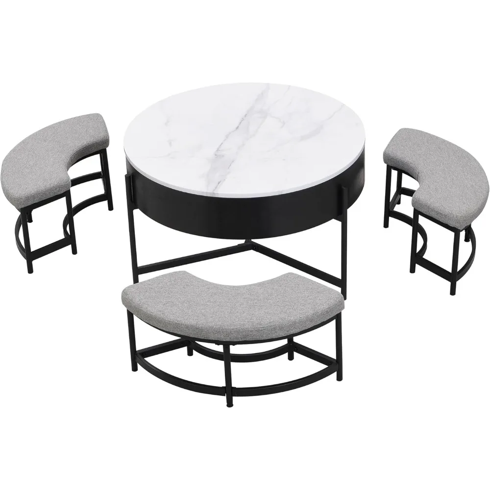 "طاولة قهوة حديثة مع مساحة تخزين قابلة للرفع و3 عثمانية، أثاث مستوحى من الرخام الأبيض/الرمادي لديكور غرفة المعيشة" #6