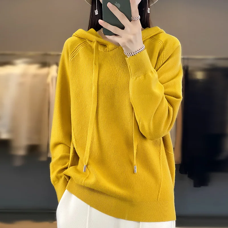 2025 Spring Autumn Hooded Sweater Women Fashion Drawstring Design Knitted Hoodie Korean Streetwear Solid Color Long Sleeves Tops