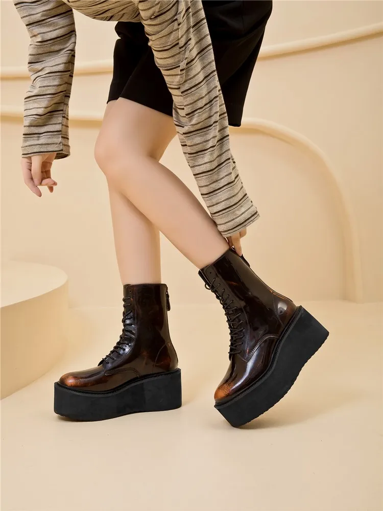 Damen-Stiefeletten und -Boots mit rutschfester, dicker Sohle für Herbst und Winter, Retro-Stiefel mit Erhöhung, Motorradstiefel für Damen – Detail 17