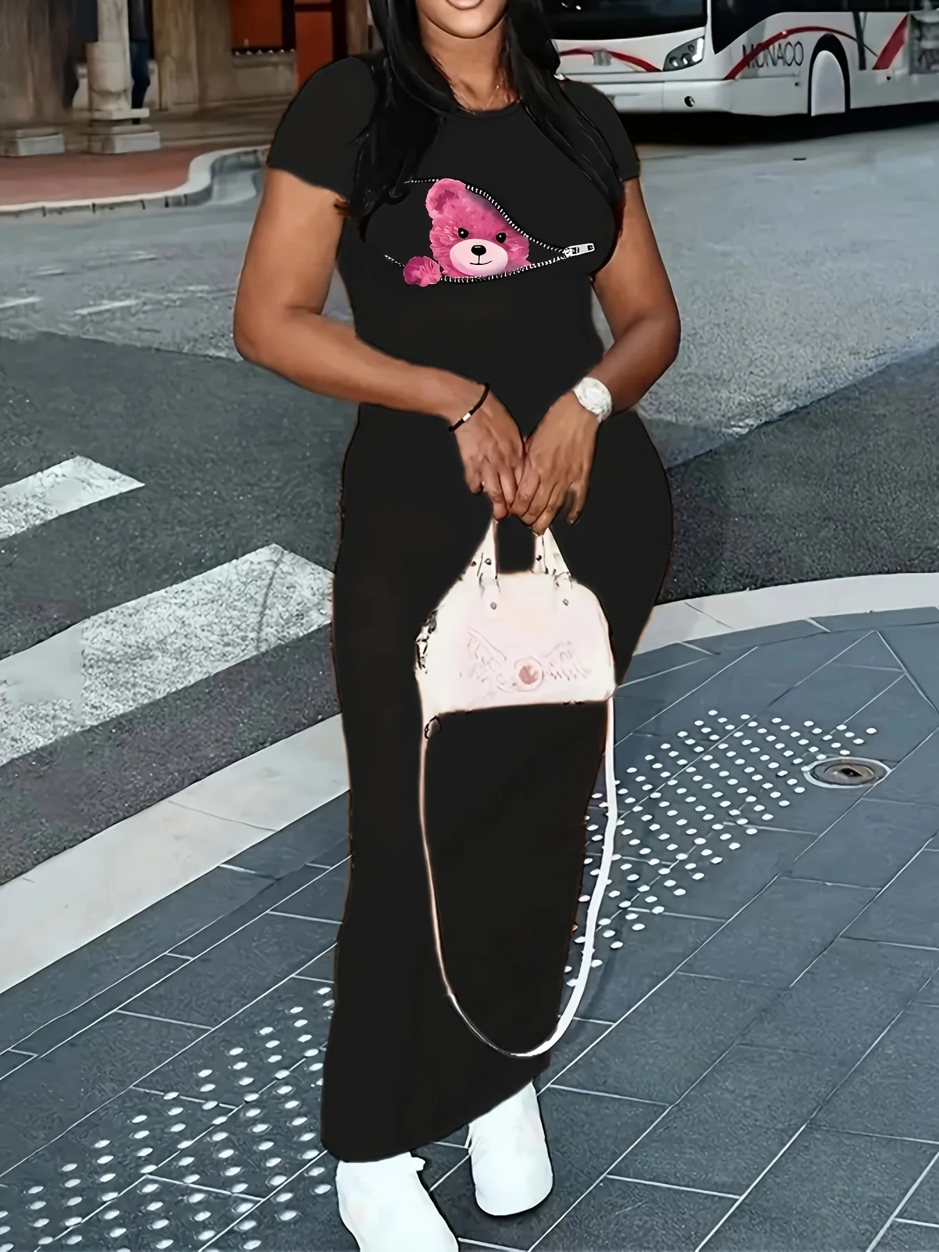 ฤดูร้อนผู้หญิง SLIM FIT ยืดหยุ่นสีดําสีชมพูพิมพ์เบียร์รอบคอแขนสั้นเสื้อยืดชุดยาวผู้หญิงเสื้อผ้า