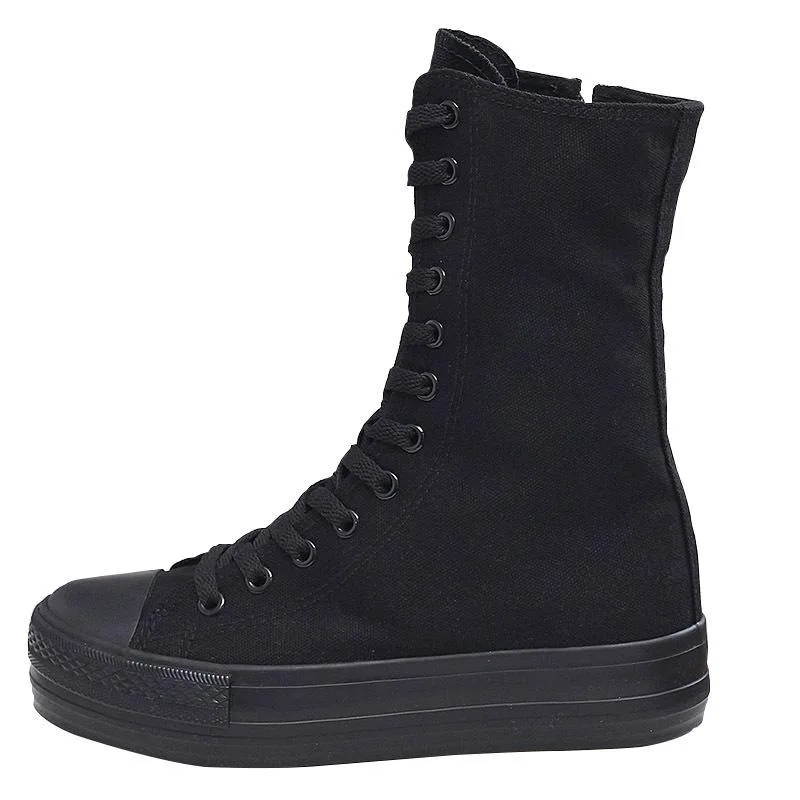 Chaussures montantes en toile pour femmes, chaussures de danse de pom-pom girl à fond souple, espadrilles décontractées blanches, bottes mi-mollet pour femmes