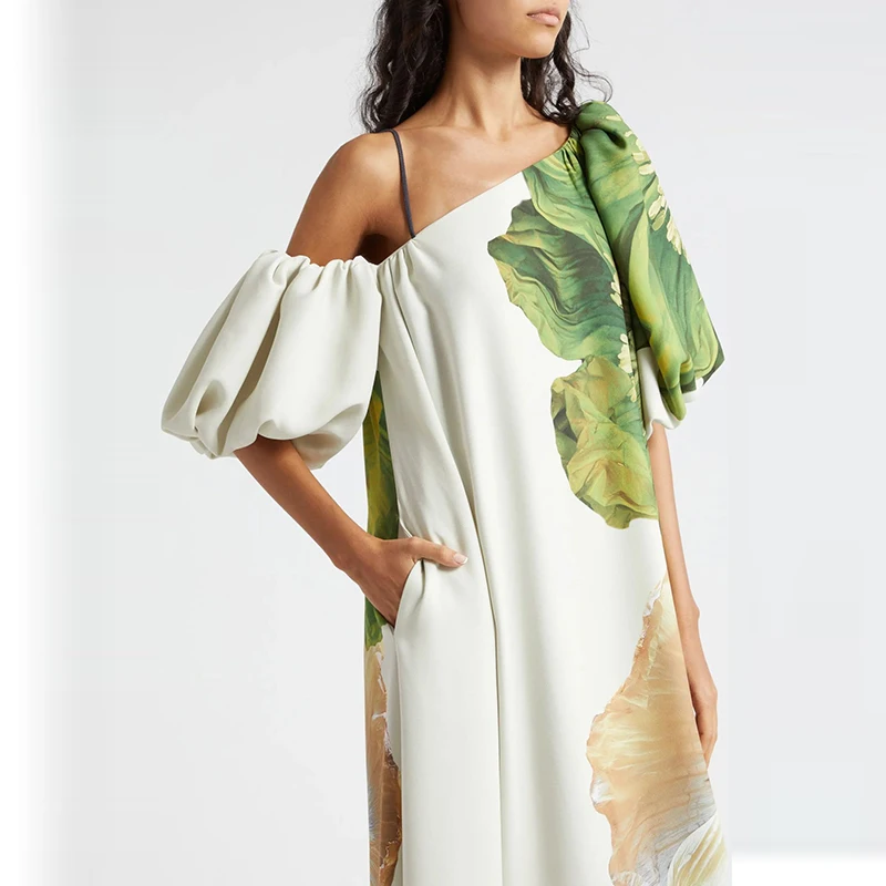 Sexy ombro inclinado férias vestido de festa feminino casual mangas puff solto bohe vestido moda posicionamento impressão drapeado vestido longo