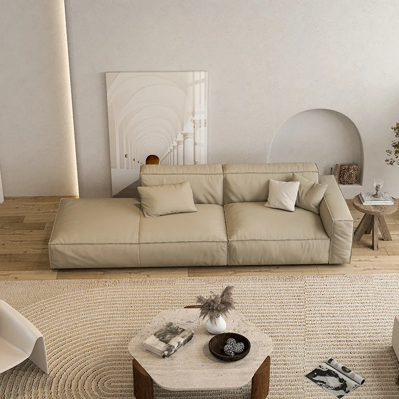 Italian minimalist designer inline tofu block sofa top layer cowhide leather sofa