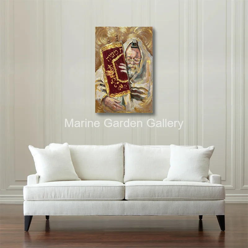 Hand Painted Torah Scroll Oil Painting Jewish Rabbi Portrait Textured Judaica Canvas Gold Religious Art for Home Office Decor