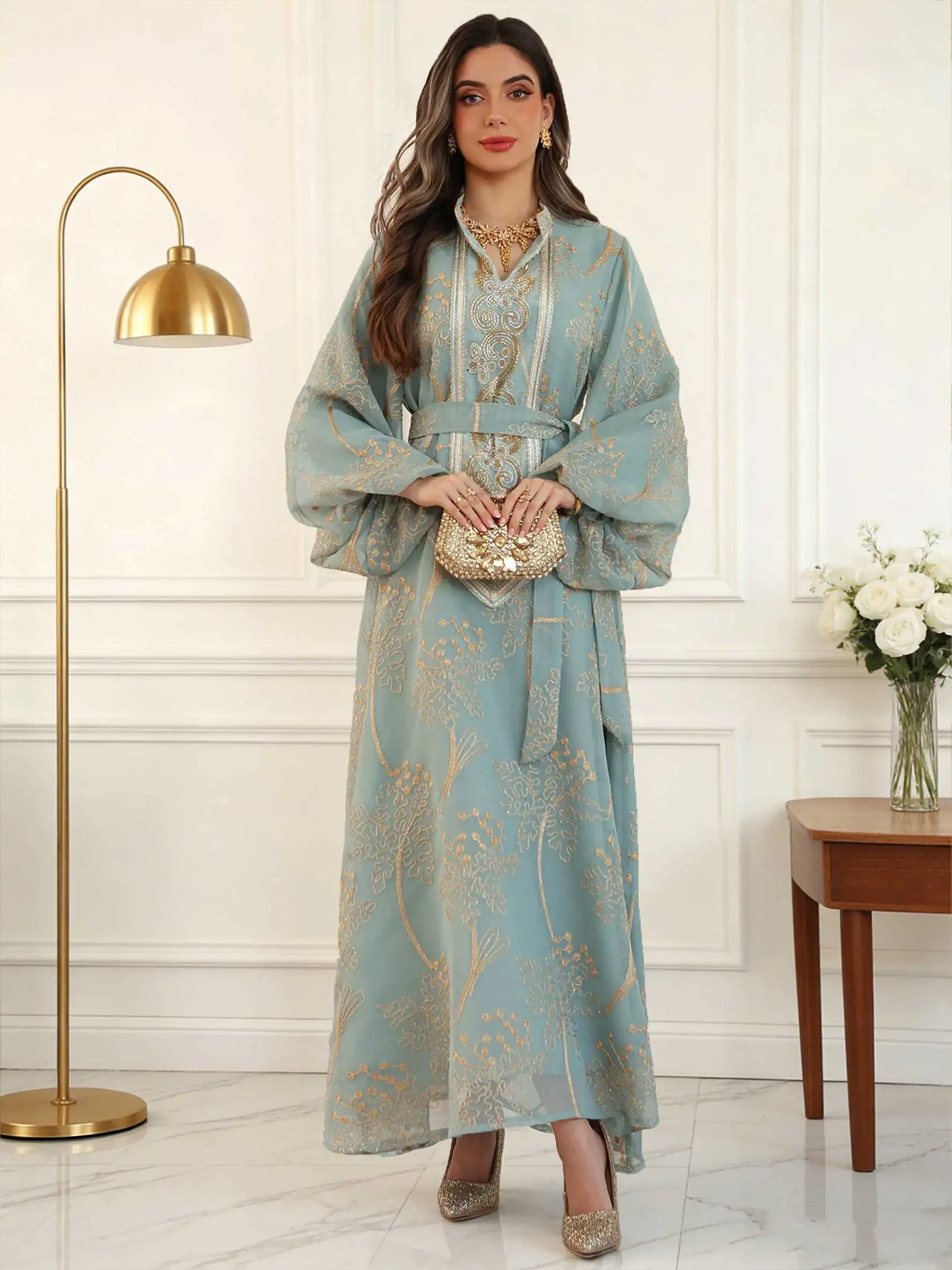Ramadan Islamic Modest Abaya Dress for Women Floral Gold Embroidery Morocco Casual Belted Waist Balloon Sleeve Long Robe Elegant