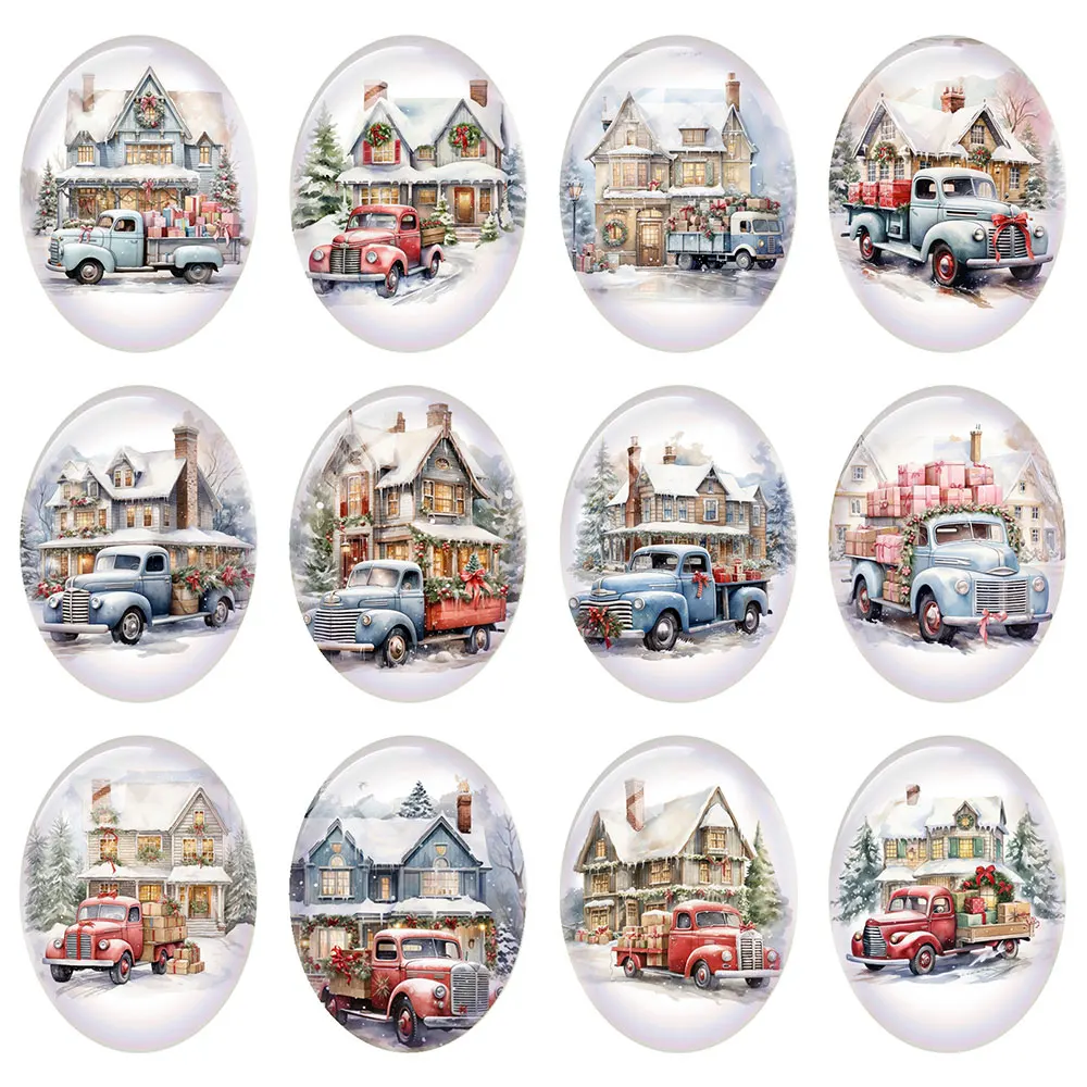 10pcs/lot Christmas X-mas Winter Truck Gifts Farms Oval Photo Glass Cabochon Charms Flatback Demo Cameo For Diy Jewelry Making