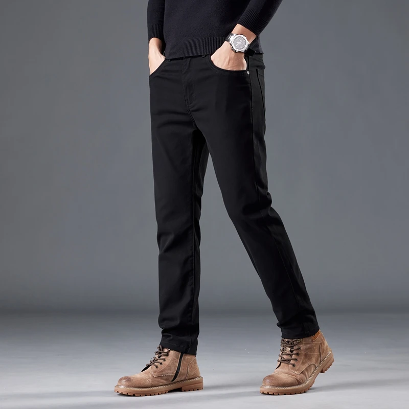 98% Cotton Men's Slim Casual Pants Autumn New Classic Pure Black Stretch Comfortable Business Straight Brand Trousers Male