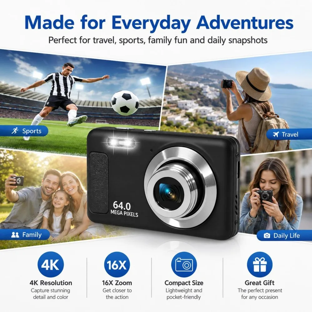 4K Ultra HD Portable Digital Camera 64MP 16X Zoom Video Recorder For Vlogging Entry Level Professional Auto Focus Digital Camera