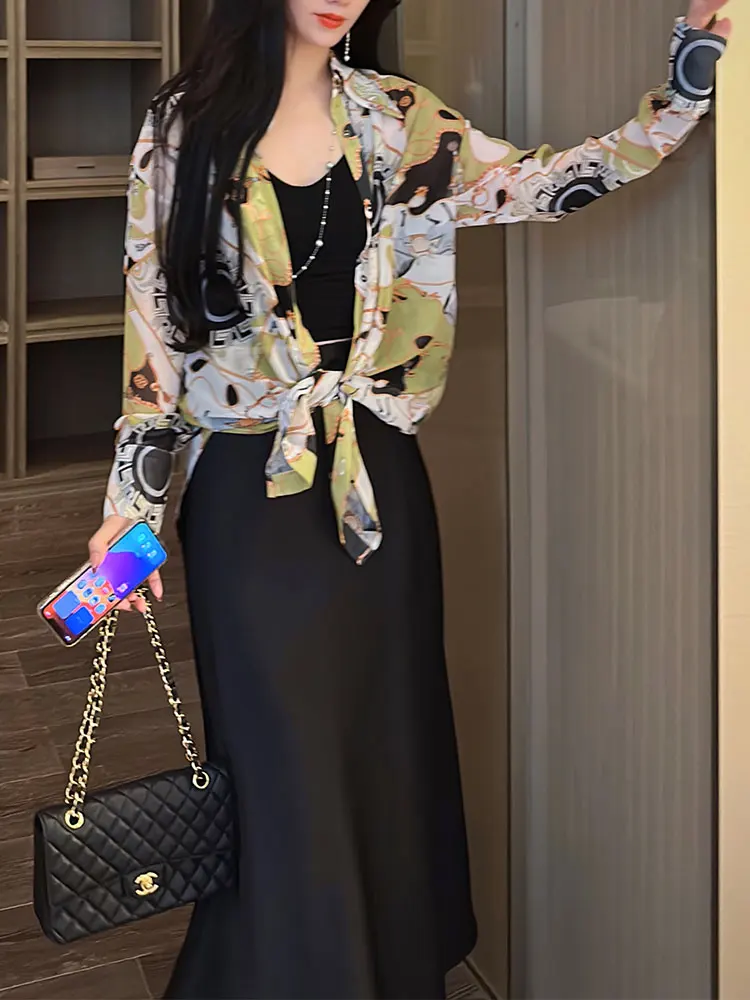 

YANGXIAOJING Women's Casual Long Sve Polyester irt Vintage Print Chiffon Loose Fit Button up Ele Sle Autumn 2024